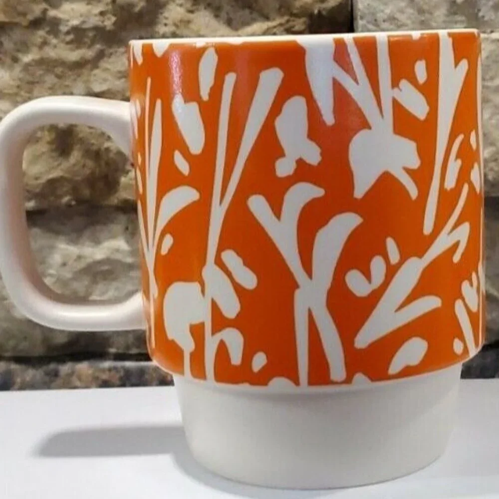 Starbucks Coffee Mug Abstract Floral Pattern Stackable 12 OZ Orange Mug 2016